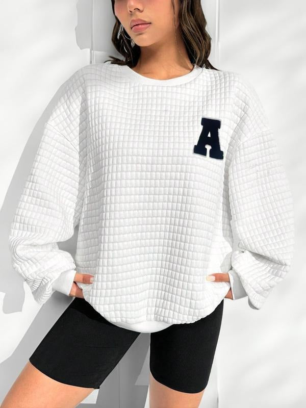 Women'WB shield Letter Patched Textured Drop Shoulder Sweatshirt, Casual Long Sleeve Round Neck Pullover For Fall &...