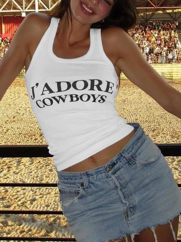 Women'WB shield Letter Print Cowboy Boots Tank Top, Casual Sleeveless Top for Summer, Ladies TNF for Daily Wear T-Shirts,...
