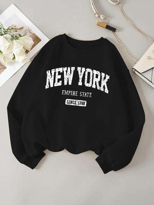 Women'WB shield Letter Print Crew Neck Sweatshirt, Casual Long Sleeve Pullover for Spring & Fall, Ladies TNF for Daily...
