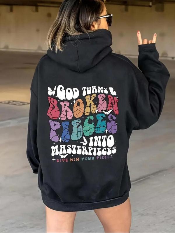 Women'WB shield Letter Print Drawstring Hoodie, Casual Comfy Pocket Hooded Sweatshirt for Daily Wear, Women Fall & Winter...