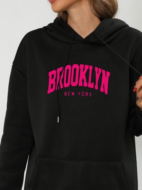 Women'WB shield Letter Print Drawstring Pocket Drop Shoulder Hoodie, Casual Comfy Long Sleeve Hooded Sweatshirt For Daily...