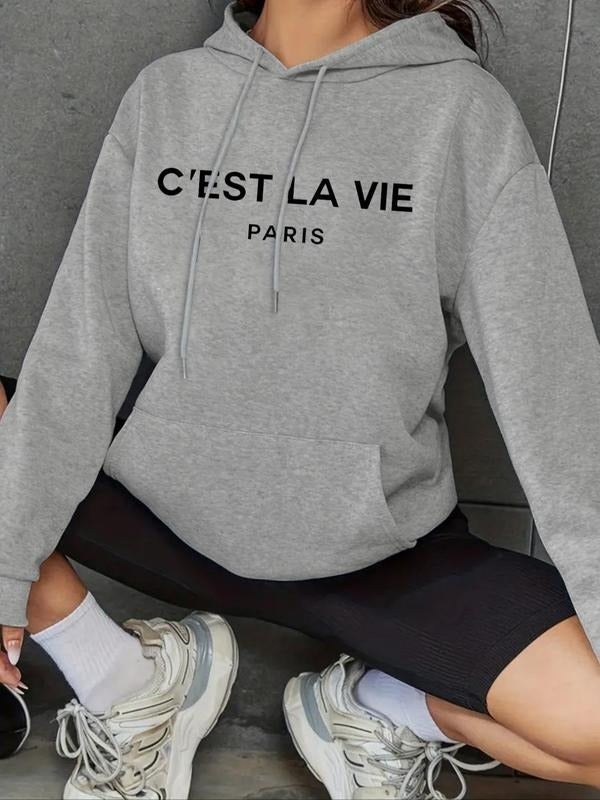 Women'WB shield Letter Print Drawstring Pocket Hoodie, Casual Drop Shoulder Long Sleeve Hooded Sweatshirt, Ladies Fall &...