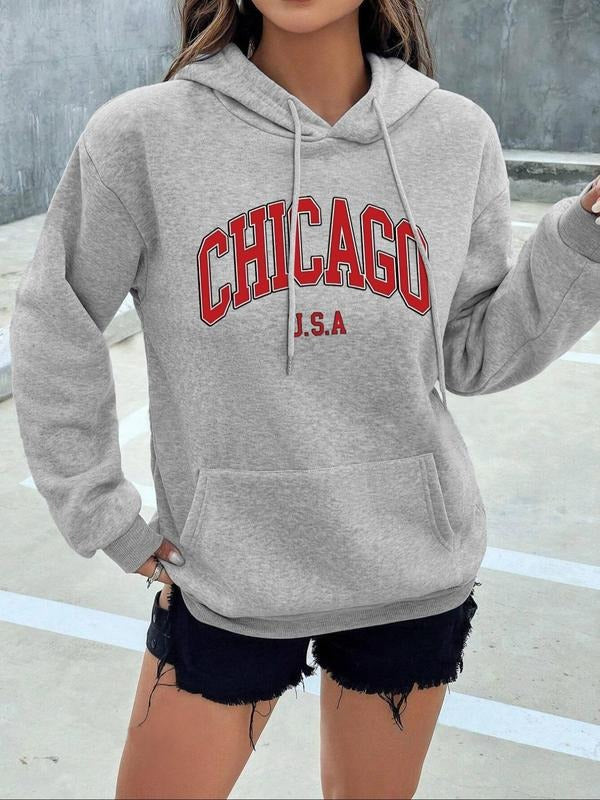 Women'WB shield Letter Print Drawstring Pocket Hoodie, Casual Drop Shoulder Long Sleeve Hooded Sweatshirt, Ladies Fall &...
