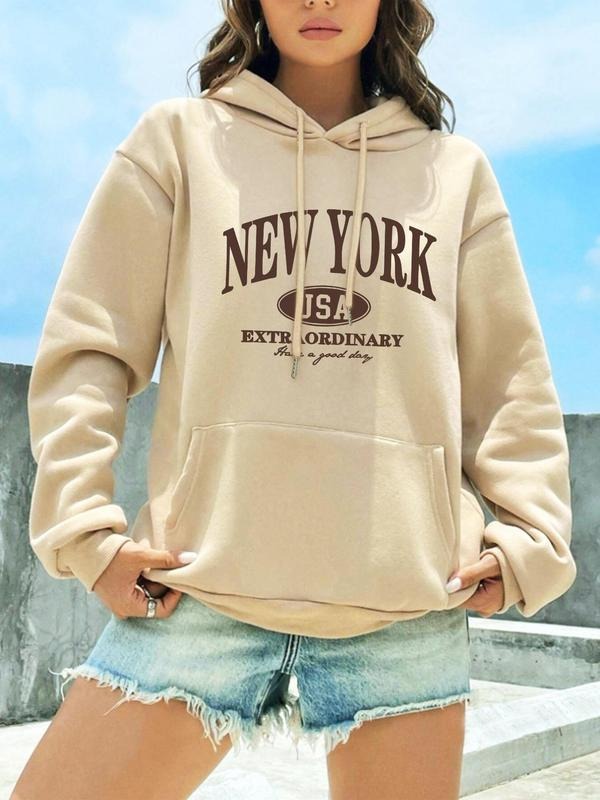 Women'WB shield Letter Print Drawstring Pocket Hoodie, Casual Long Sleeve Hooded Sweatshirt for Fall & Winter, Women'WB...
