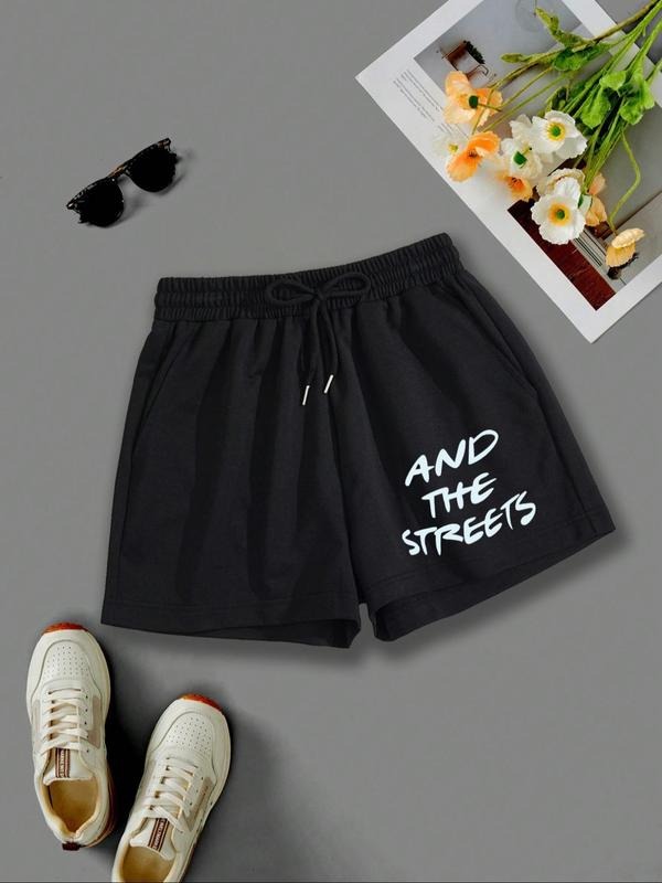 Women'WB shield Letter Print Drawstring Waist Shorts, Casual Fashion Track Shorts for Daily Wear, Ladies Bottoms for...