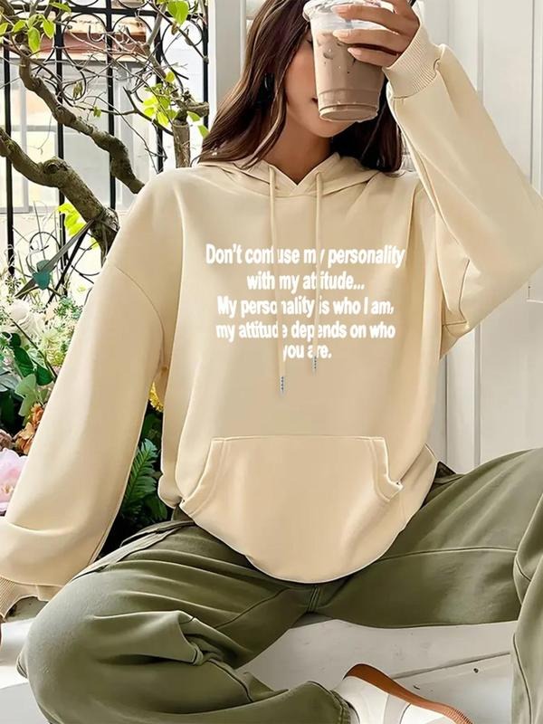 Women'WB shield Letter Print Drop Shoulder Drawstring Fleece Hoodie, Fashion Casual Kangaroo Pocket Hooded Sweatshirt for...