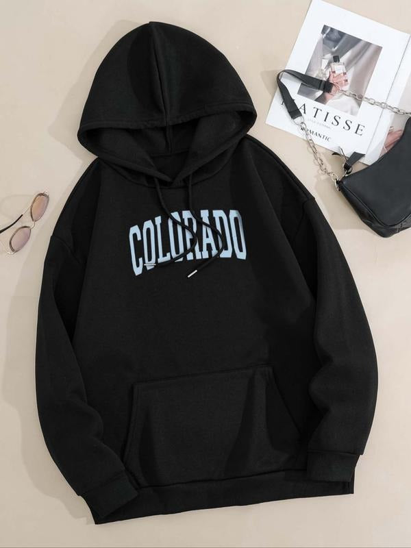 Women'WB shield Letter Print Drop Shoulder Drawstring Hoodie, Casual Long Sleeve Kangaroo Pocket Hooded Sweatshirt for...