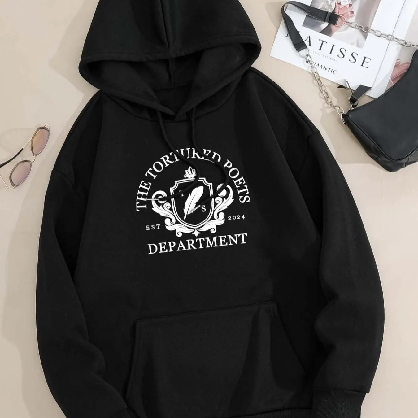 Women'WB shield Letter Print Drop Shoulder Drawstring Hoodie, Casual Long Sleeve Kangaroo Pocket Hooded Sweatshirt for...