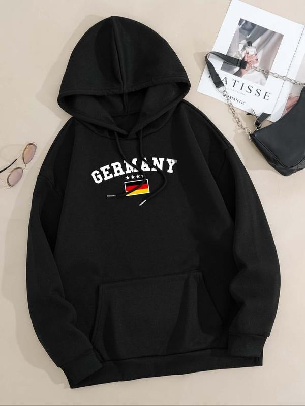 Women'WB shield Letter Print Drop Shoulder Drawstring Hoodie, Casual Long Sleeve Kangaroo Pocket Hooded Sweatshirt for...