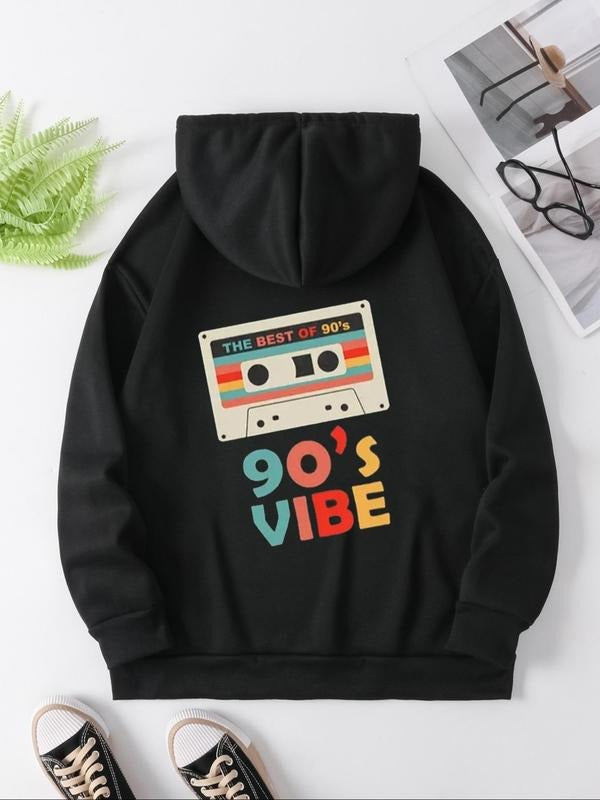 Women'WB shield Letter Print Drop Shoulder Drawstring Hoodie, Fashion Casual Kangaroo Pocket Hooded Sweatshirt for Daily...