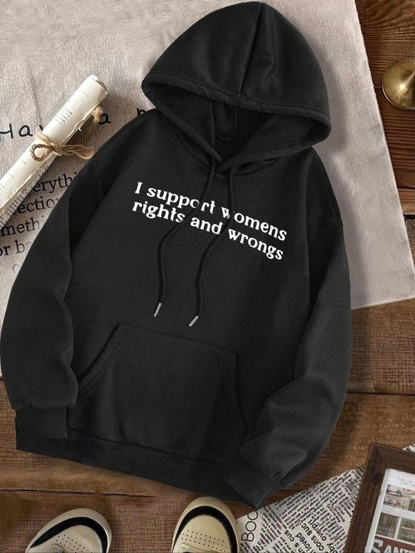 Women'WB shield Letter Print Drop Shoulder Drawstring Hoodie, Fashion Casual Kangaroo Pocket Hooded Sweatshirt for Daily...