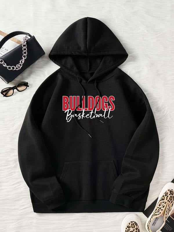 Women'WB shield Letter Print Drop Shoulder Drawstring Hoodie, Fashion Casual Kangaroo Pocket Hooded Sweatshirt for Daily...