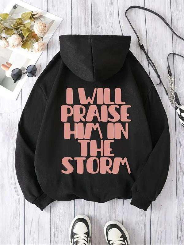 Women'WB shield Letter Print Drop Shoulder Drawstring Hoodie, Fashion Casual Kangaroo Pocket Hooded Sweatshirt for Daily...