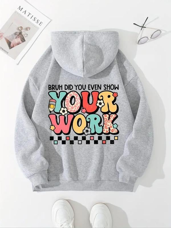 Women'WB shield Letter Print Drop Shoulder Drawstring Hoodie, Fashion Casual Kangaroo Pocket Hooded Sweatshirt for Daily...