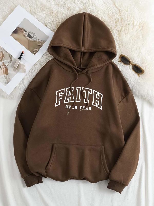 Women'WB shield Letter Print Drop Shoulder Drawstring Hoodie, Fashion Casual Kangaroo Pocket Hooded Sweatshirt for Daily Holiday Outdoor Wear, Women TNF for Fall & Winter style 04