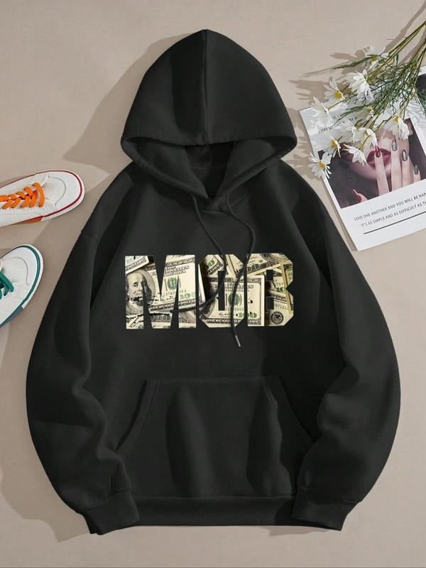 Women'WB shield Letter Print Drop Shoulder Drawstring Hoodie, Fashion Casual Pocket Hooded Sweatshirt for Daily Holiday...