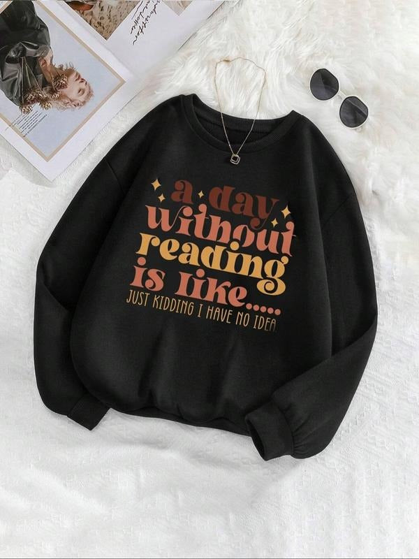 Women'WB shield Letter Print Drop Shoulder Fleece Sweatshirt, Casual Long Sleeve Round Neck Pullover for Fall & Winter,...