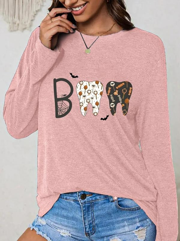 Women'WB shield Letter Print Drop Shoulder Graphic Tee, Casual Long Sleeve Round Neck T-shirt for Daily Holiday Vacation...