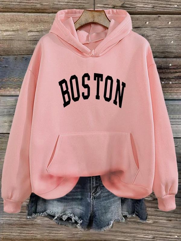 Women'WB shield Letter Print Drop Shoulder Hoodie, Casual Long Sleeve Pocket Hooded Sweatshirt, Ladies Fall & Winter TNF...