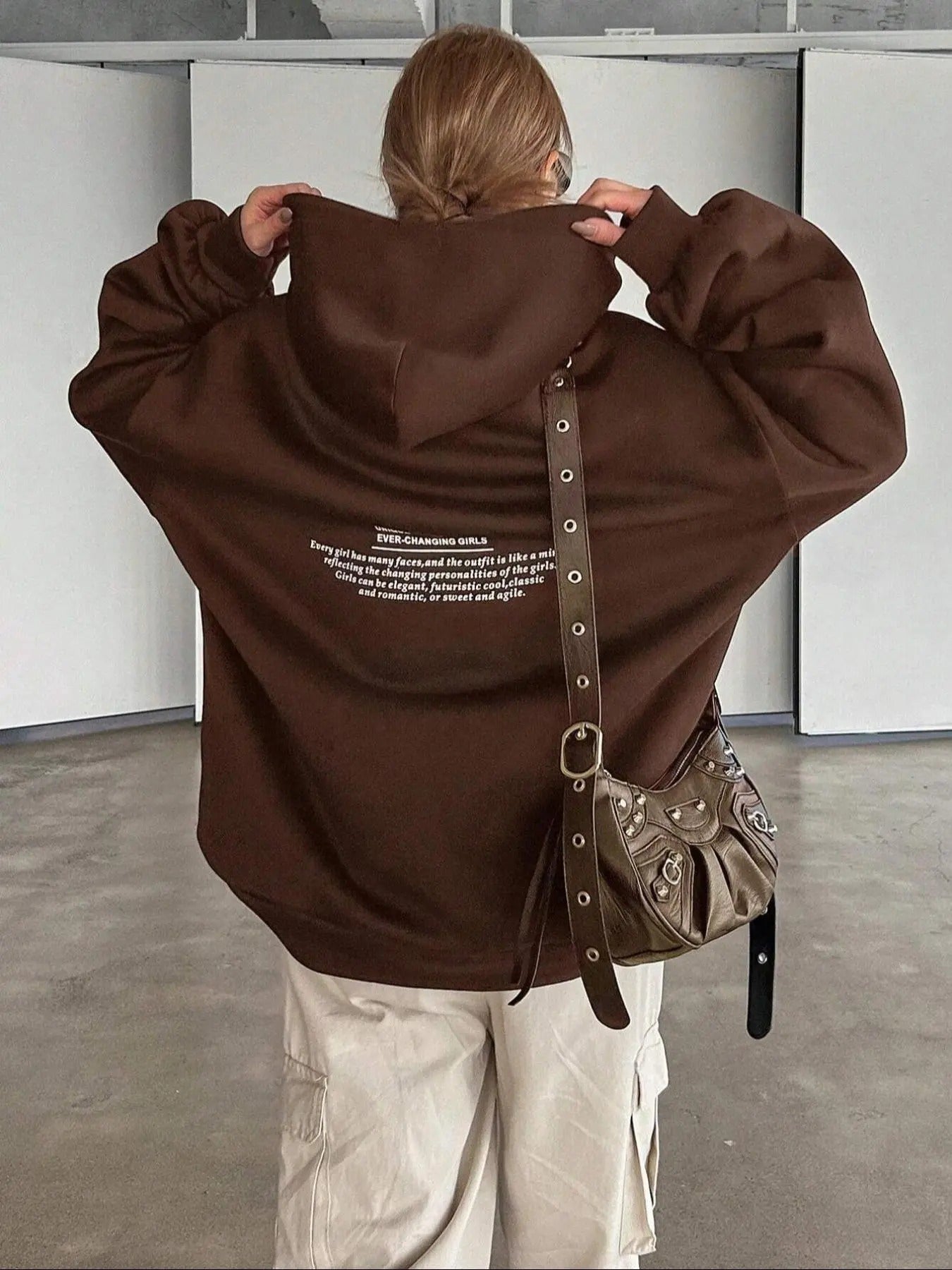 Women'WB shield Letter Print Drop Shoulder Hoodie, Fashion Casual Drawstring Hooded Sweatshirt for Daily Holiday Outdoor...