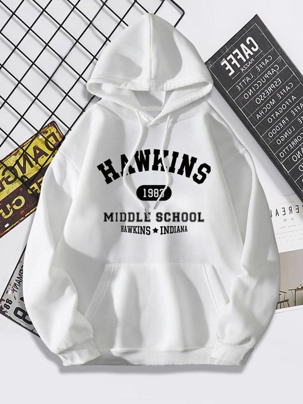 Women'WB shield Letter Print Drop Shoulder Hoodie, Fashion Casual Drawstring Kangaroo Pocket Hooded Sweatshirt for Daily Holiday Outdoor Wear, Women Clothing for Spring & Fall