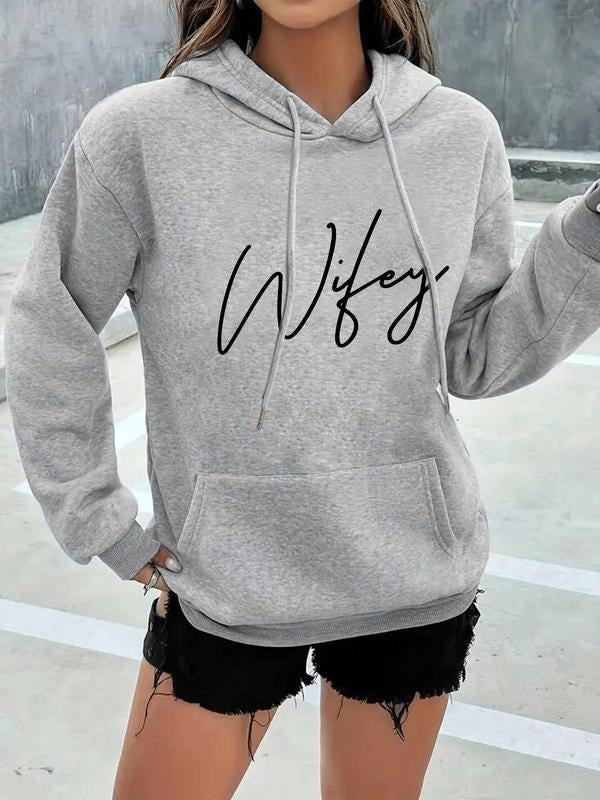 Women'WB shield Letter Print Drop Shoulder Hoodie, Fashion Casual Drawstring Pocket Hooded Sweatshirt for Daily Holiday...