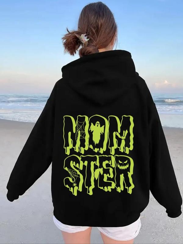 Women'WB shield Letter Print Drop Shoulder Hoodie, Fashion Casual Drawstring Pocket Hooded Sweatshirt for Daily Holiday...
