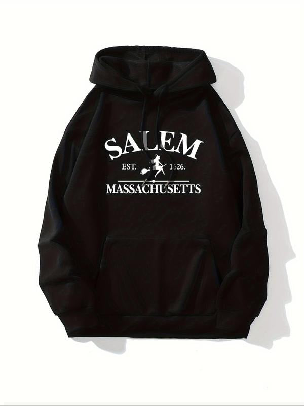 Women'WB shield Letter Print Drop Shoulder Hoodie, Fashion Casual Drawstring Pocket Hooded Sweatshirt for Daily Holiday...