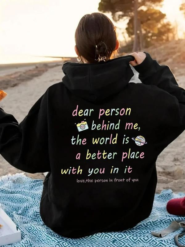 Women'WB shield Letter Print Drop Shoulder Hoodie, Fashion Casual Drawstring Pocket Hooded Sweatshirt for Daily Holiday...