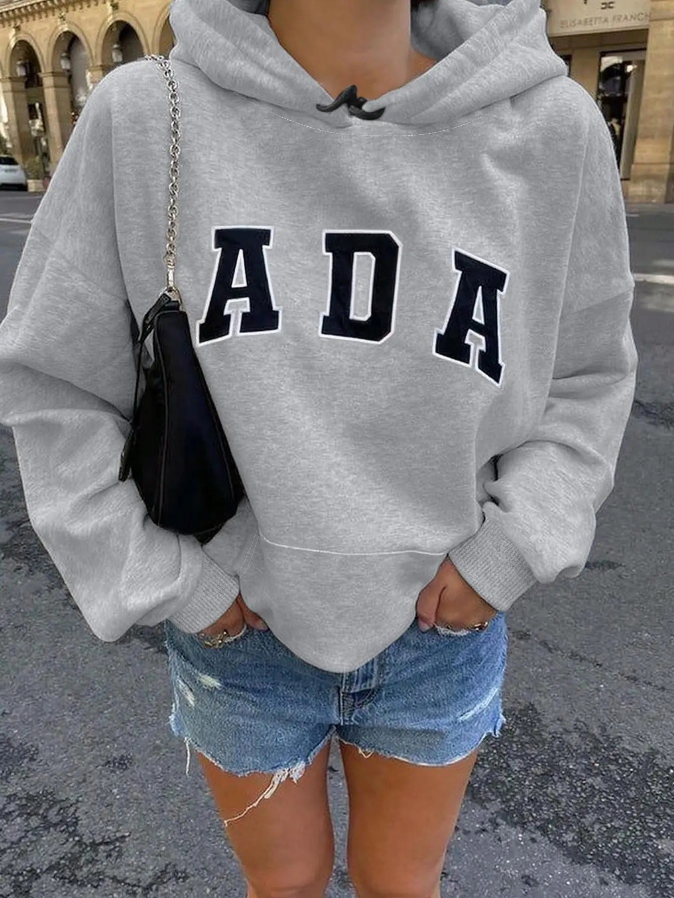 Women'WB shield Letter Print Drop Shoulder Hoodie, Fashion Casual Drawstring Pocket Hooded Sweatshirt for Daily Holiday...