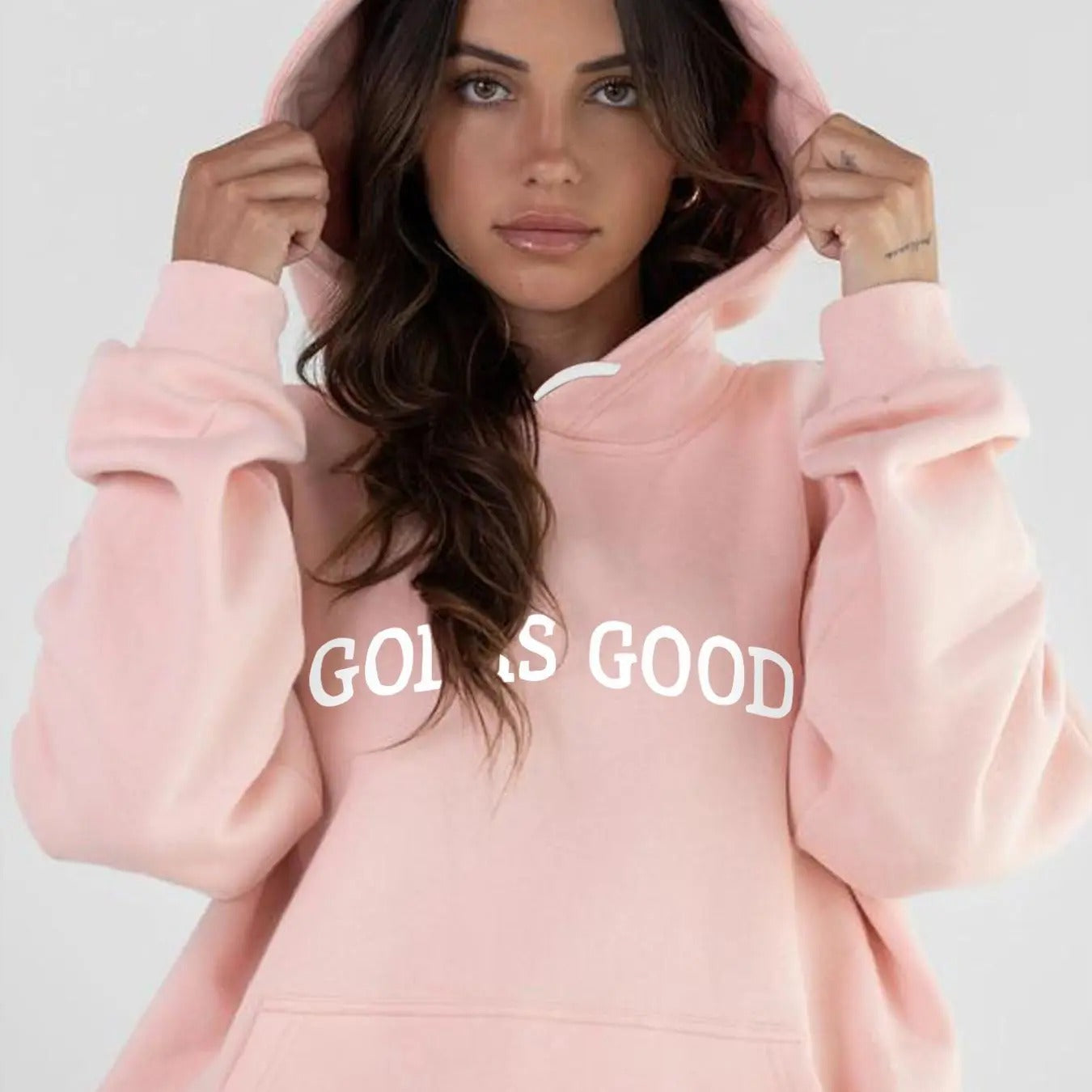 Women'WB shield Letter Print Drop Shoulder Hoodie, Fashion Casual Drawstring Pocket Hooded Sweatshirt for Daily Holiday...