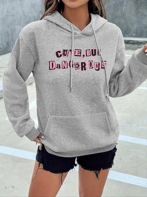 Women'WB shield Letter Print Drop Shoulder Hoodie, Fashion Casual Drawstring Pocket Hooded Sweatshirt for Daily Holiday...