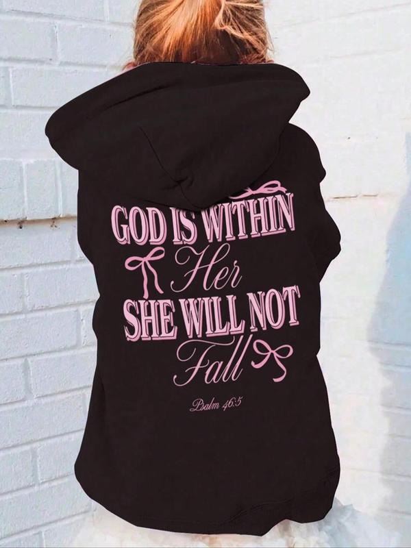 Women'WB shield Letter Print Drop Shoulder Hoodie, Fashion Casual Drawstring Pocket Hooded Sweatshirt for Daily Holiday...