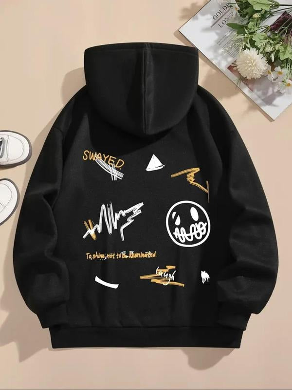 Women'WB shield Letter Print Drop Shoulder Hoodie, Fashion Casual Drawstring Pocket Hooded Sweatshirt for Daily Holiday...