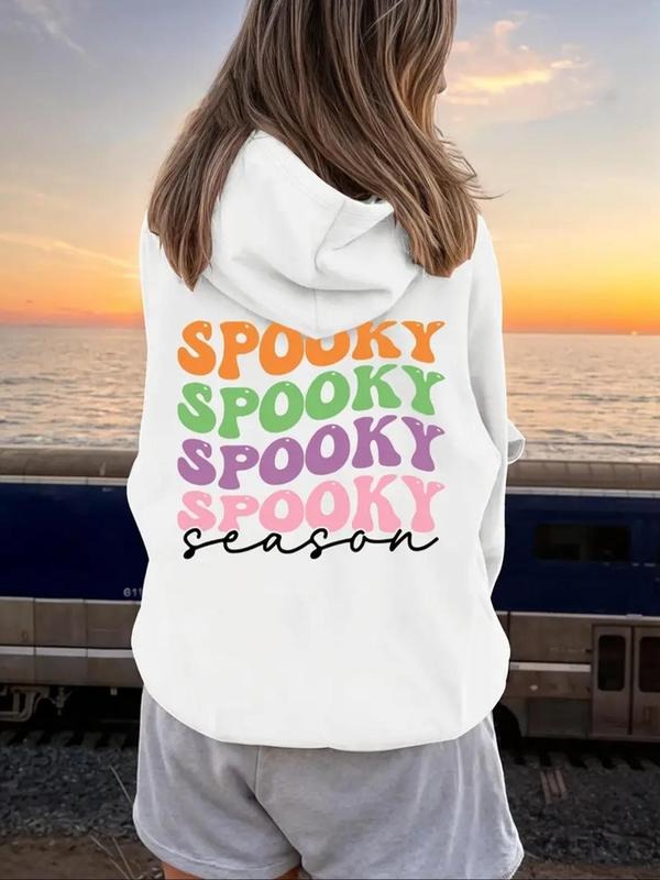 Women'WB shield Letter Print Drop Shoulder Hoodie, Fashion Casual Drawstring Pocket Hooded Sweatshirt for Daily Holiday...
