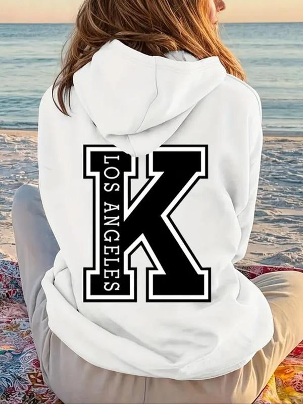 Women'WB shield Letter Print Drop Shoulder Hoodie, Fashion Casual Drawstring Pocket Hooded Sweatshirt for Daily Holiday...