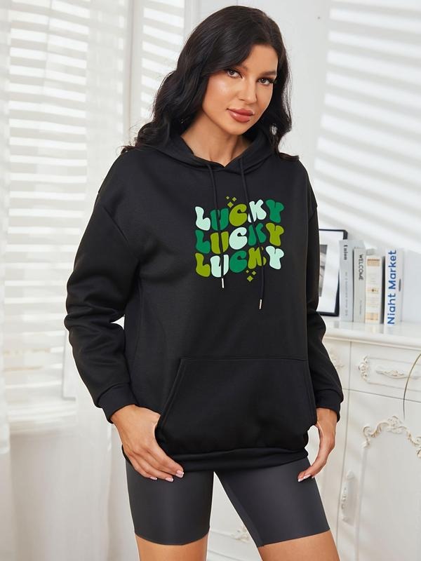 Women'WB shield Letter Print Drop Shoulder Hoodie, Fashion Casual Drawstring Pocket Hooded Sweatshirt for Daily Holiday...