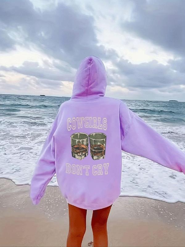 Women'WB shield Letter Print Drop Shoulder Hoodie, Fashion Casual Drawstring Pocket Hooded Sweatshirt for Daily Holiday...