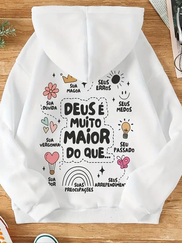 Women'WB shield Letter Print Drop Shoulder Hoodie, Fashion Casual Drawstring Pocket Hooded Sweatshirt for Daily Holiday...