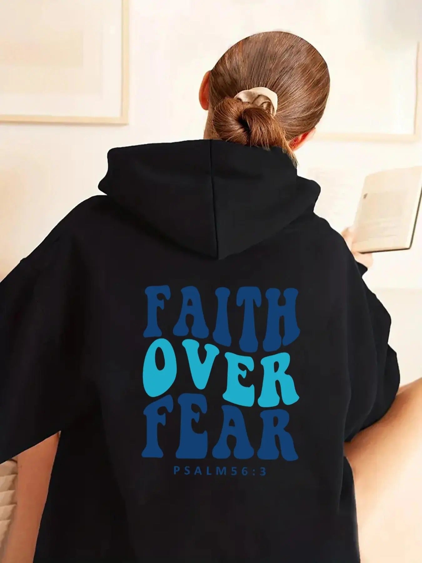 Women'WB shield Letter Print Drop Shoulder Hoodie, Fashion Casual Drawstring Pocket Hooded Sweatshirt for Daily Holiday...