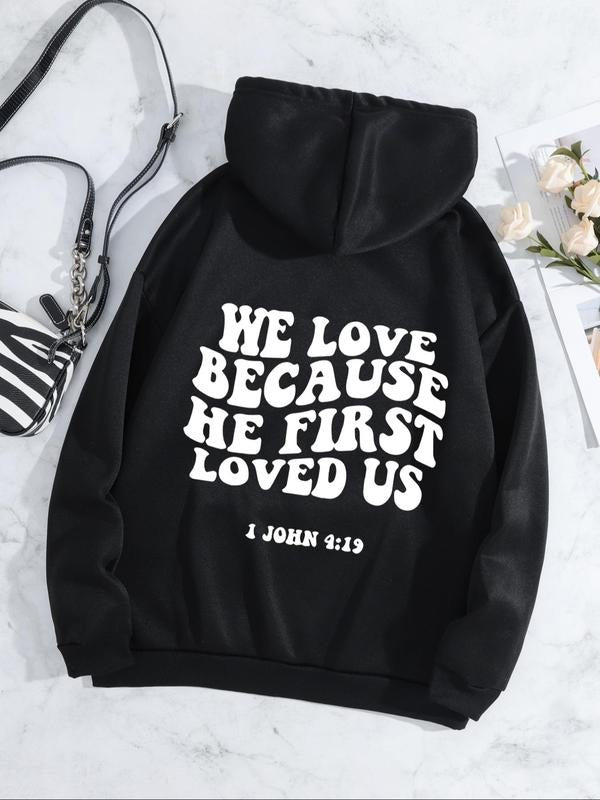 Women'WB shield Letter Print Drop Shoulder Hoodie, Fashion Casual Drawstring Pocket Hooded Sweatshirt for Daily Holiday...