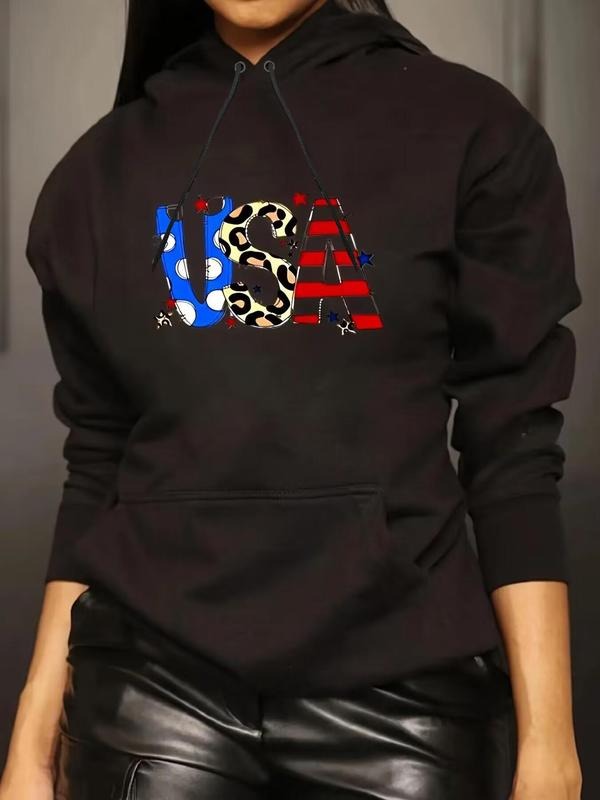 Women'WB shield Letter Print Drop Shoulder Hoodie, Fashion Casual Grommet Eyelet Pocket Drawstring Hooded Sweatshirt for Daily Holiday Outdoor Wear, Women Clothing for Spring & Fall