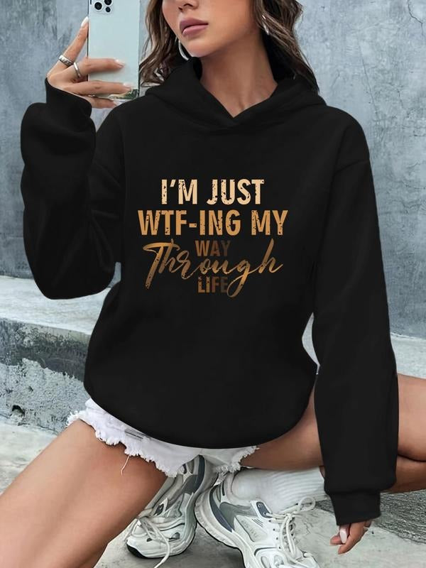Women'WB shield Letter Print Drop Shoulder Hoodie, Fashion Casual Hooded Sweatshirt for Daily Holiday Outdoor Wear,...