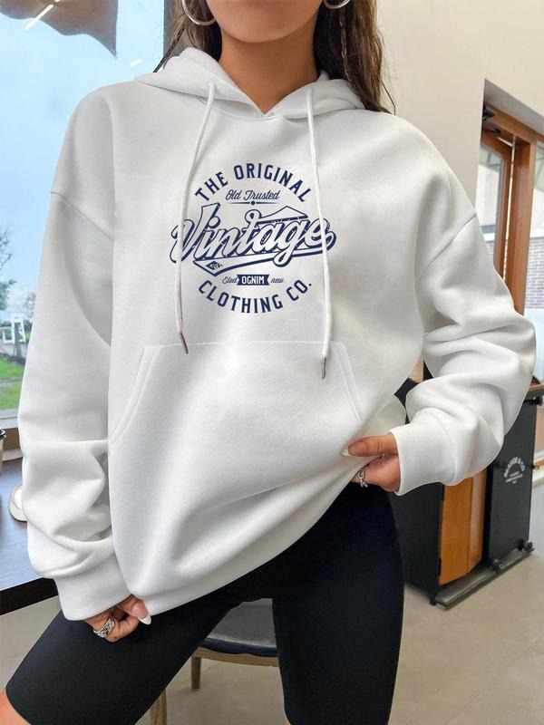 Women'WB shield Letter Print Drop Shoulder Hoodie, Vintage Fashion Drawstring Pocket Hooded Sweatshirt, Women Clothing...