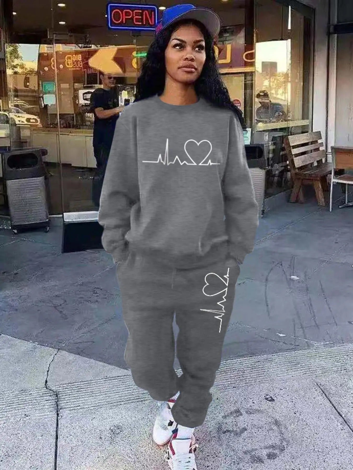 Women'WB shield Letter Print Drop Shoulder Pullover & Drawstring Waist Sweatpants Set, Fashion Casual Crew Neck...