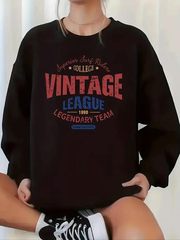 Women'WB shield Letter Print Drop Shoulder Pullover, Casual Long Sleeve Crew Neck Sweatshirt for Spring & Fall, Fashion...