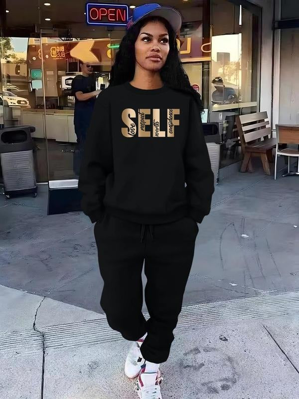 Women'WB shield Letter Print Drop Shoulder Sweatshirt & Pocket Sweatpants Set, Casual Fashion Cozy Round Neck Long Sleeve...