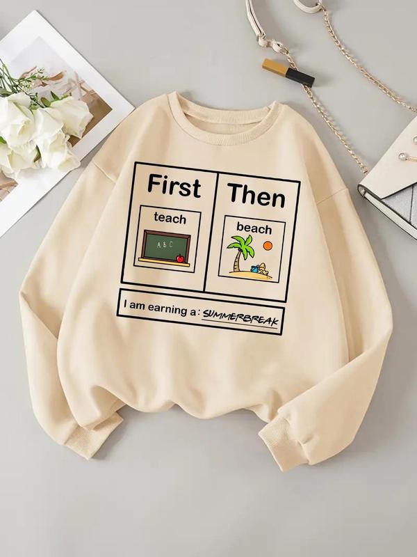 Women'WB shield Letter Print Drop Shoulder Sweatshirt, Casual Long Sleeve Round Neck Pullover for Daily Wear, Ladies TNF...