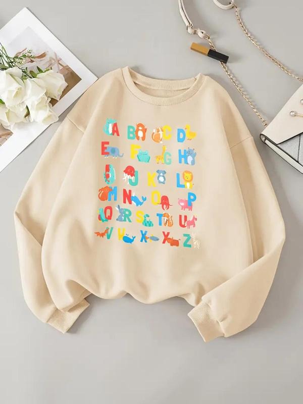 Women'WB shield Letter Print Drop Shoulder Sweatshirt, Casual Long Sleeve Round Neck Pullover for Daily Wear, Ladies TNF...