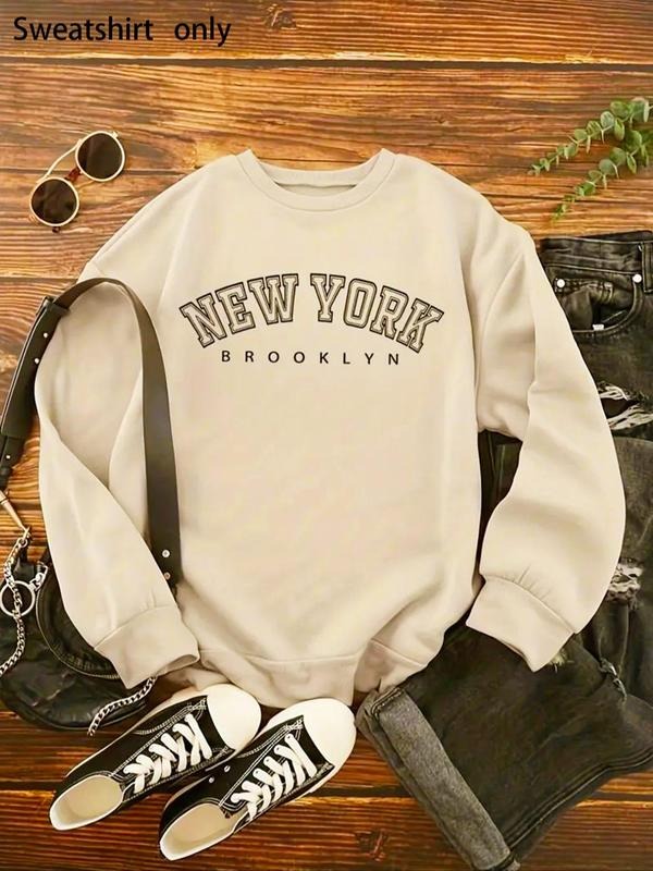 Women'WB shield Letter Print Drop Shoulder Sweatshirt, Casual Long Sleeve Round Neck Pullover for Fall & Winter, Ladies...